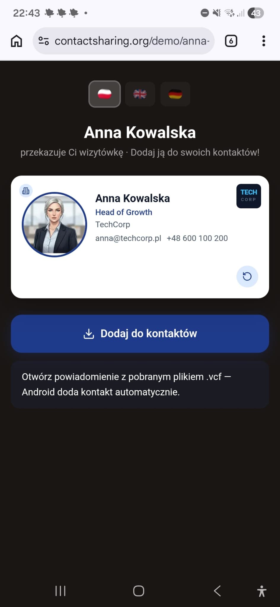 Odbiorca dodaje wizytówkę